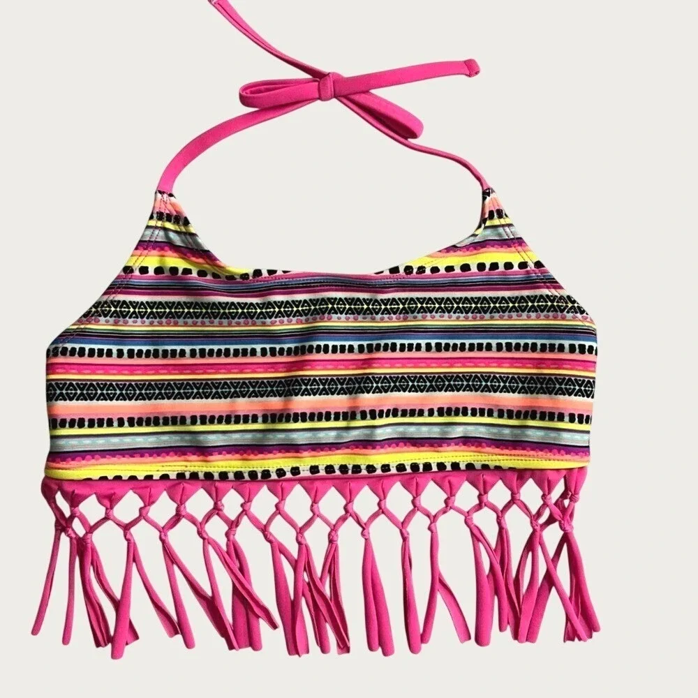Cat & Jack Fringe Bikini Swim Top Girls Large Pink Colorful Stripes NWT